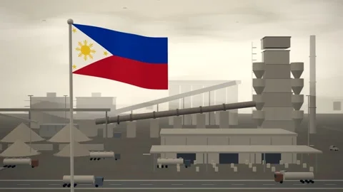 Philippines Flag Flying Over Cement Works Rotary Kiln seamless loop Stock Footage 345345399