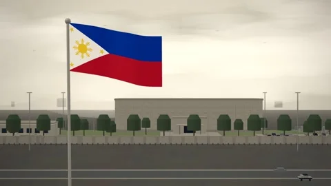 Philippines Flag Flying Over Embassy Compound Perimeter Wall seamless loop Stock Footage 345131319