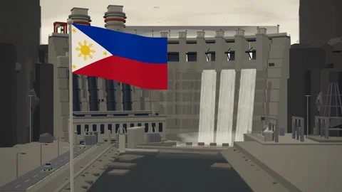 Philippines Flag Flying Over Hydroelectric Dam Spillway seamless loop Stock Footage 345345540