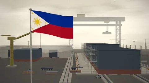 Philippines Flag Flying Over Shipyard Building Berth Gantry seamless loop Vídeos de archivo 345345663