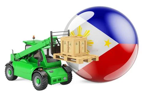 Philippines flag with telescopic handler truck and parcel. Cargo shipping in  Stockillustratie