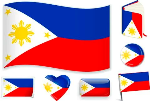 Philippines flag wave, book, circle, pin, button, heart and sticker. Stock Illustration