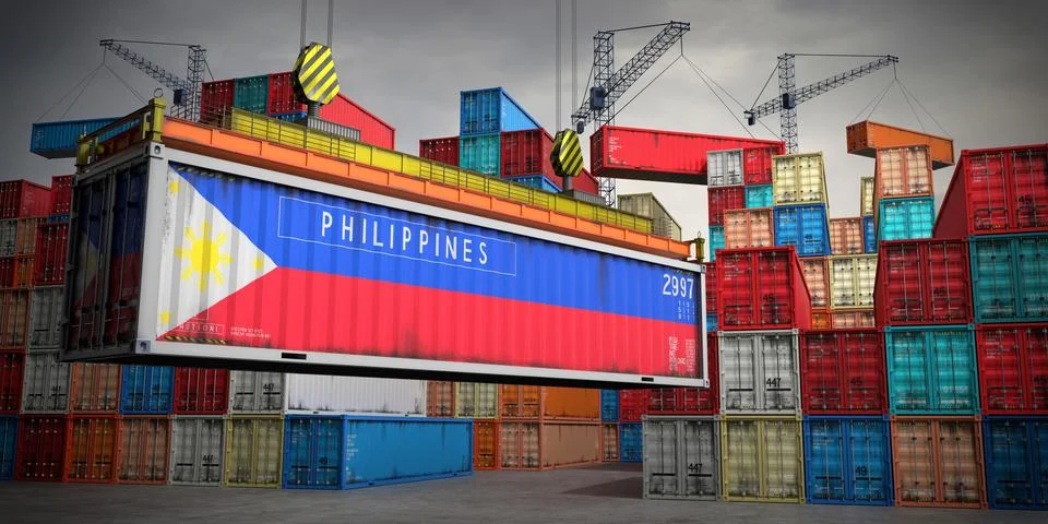 Philippines - freight container in cargo terminal - 3D illustration Stock Illustration