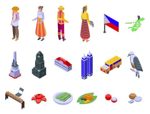 Philippines icons set isometric vector. Bohol tarsier Ilustración de archivo