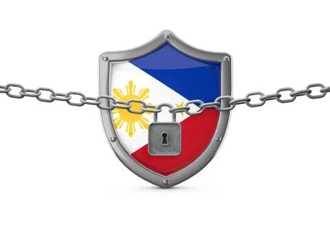 Philippines lockdown concept. Shield with lock and chain. 3D Render Stock-Illustration