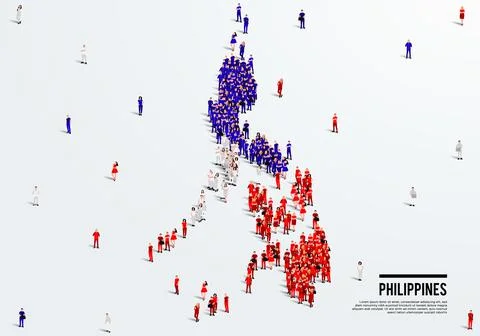 Philippines Map and Flag. A large group of people in the Filipino flag. Stock Illustration