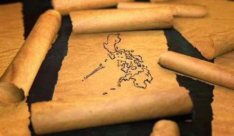 Philippines Map Drawing Unfolding Old Paper Scroll 3D Illustrazione stock