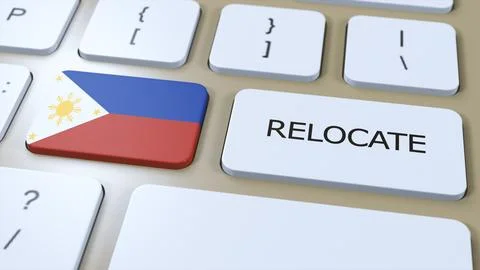 Philippines Relocation Business Concept. 3D Illustration. Country Flag with.. Illustrazione stock