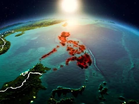 Philippines in sunrise from orbit Illustrazione stock