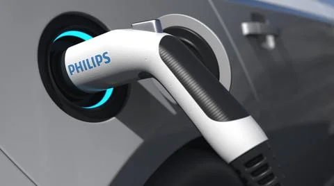 PHILIPS logo on the electric car plug. Editorial conceptual 3d rendering Stock Illustration