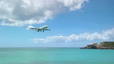 Philipsburg St. Maarten Air France Airbus A340 Landing Over Maho Beach Stock Footage 75573241
