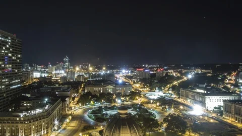 Philly Skyline View of Cathedral Basilica, Art Museum, Night-Day-Night Timelapse Stock Footage 87048617