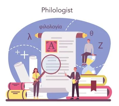 Philologist concept. Professional scientist studying a language Stock Illustration
