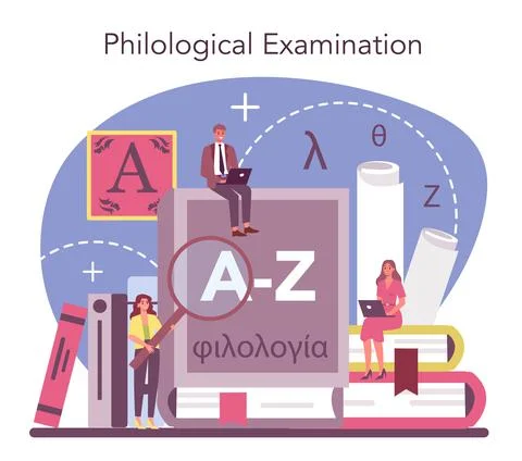 Philologist concept. Professional scientist studying a language Illustrazione stock