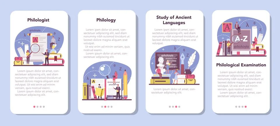 Philologist mobile application banner set. Professional scientist Illustration