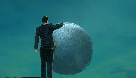 Philosopher in imaginary world. Alternative realm. Surrealism. Stock Illustration