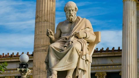 Philosopher Plato on a marble chair, background of sky and marble columns. Video stock 88323813