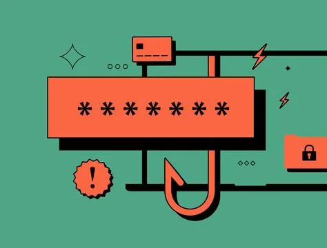 Phishing attack steals credentials. Phishing attack hooks password fields and Stock Illustration