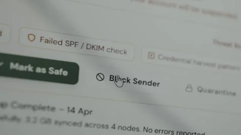 Phishing attempt via illegal email, user click the Block Sender button Stock Footage 333371156