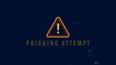 Phishing attempt warning with exclamation mark icon on dark blue background Stock Footage 339074597