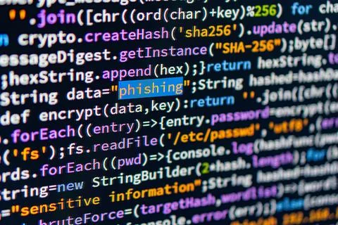 Phishing. C code on a computer screen, emphasizing complexity and detail Key  写真素材