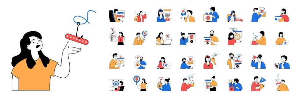 Phishing concept with character situations mega set in flat web design. Bun.. Stock Illustration