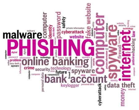 Phishing concept - compromised computer security. Word cloud. Illustrazione stock