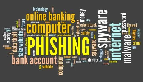 Phishing concept - compromised computer security. Word cloud. Stock Illustration