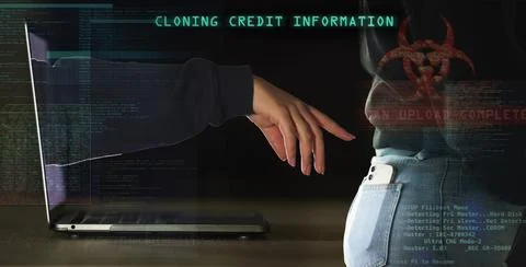 Phishing, cyber security and hacker with laptop and phone with matrix overlay Stock Photos