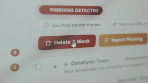 Phishing Detected alert from email security system, user clicks the Delete and Video stock 333370737