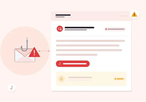 Phishing email attack vector illustration with fishing hook, envelope, warning Illustrazione stock