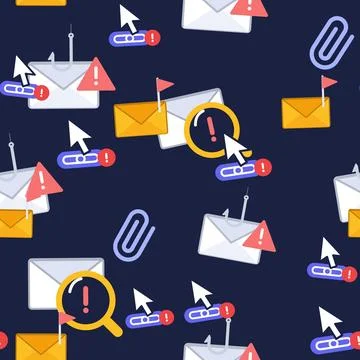 Phishing email seamless pattern on dark navy background with envelopes, fishing Stock Illustration