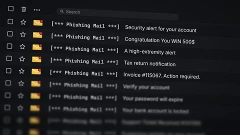 Phishing emails scrolling in dark mode inbox, fake bank account locked Stock Footage 347375424