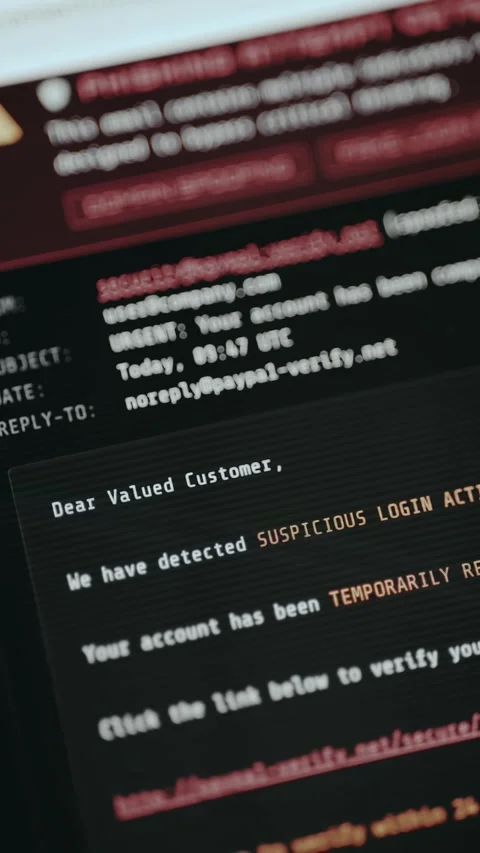 Phishing scam, email containing suspicious sender address, alarmist tone and Stock Footage 332893617
