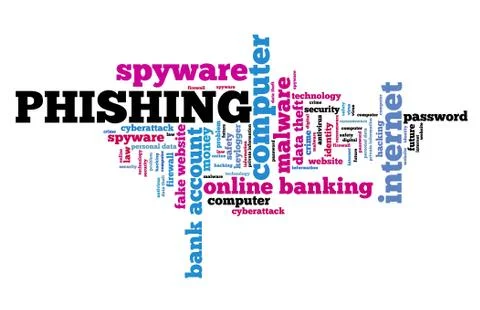 Phishing spyware concept - compromised computer security. Word cloud. Stock Illustration