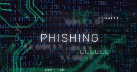 Phishing text animation over binary code and green digital patterns Stock Footage 305292613