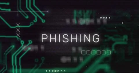 Phishing text image over digital circuit board and binary code background Stock Illustration