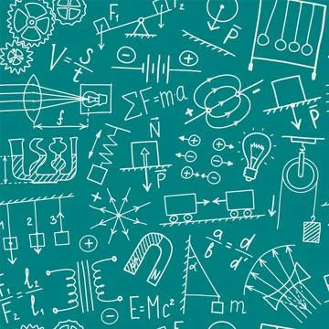 Phisics symbols doodle seamless pattern. Science subject cover template desig Illustrazione stock