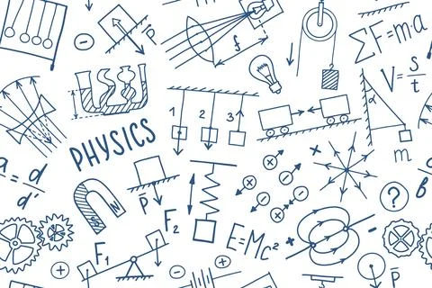 Phisics symbols doodle seamless pattern. Science subject cover template desig Stock Illustration