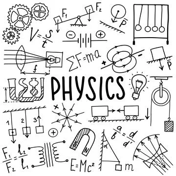 Phisics symbols icon set. Science subject doodle design. Education and study 库存插图