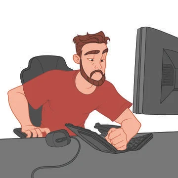 Phlegmatic man sits at the table and looks at the keyboard that broke Illustrazione stock