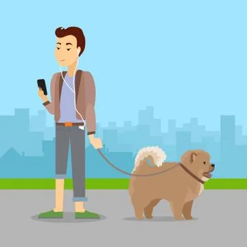 Phlegmatic Temperament Type Boy Walking with Dog Stock Illustration