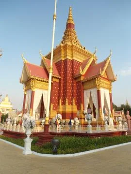 Phnom Penh Cambodia Gold Red Temple near the Mekong River Stock Photos