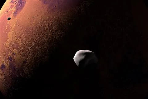 Phobos and Deimos, Mars I and Mars II, orbiting around Mars planet. 3d render 스톡 일러스트