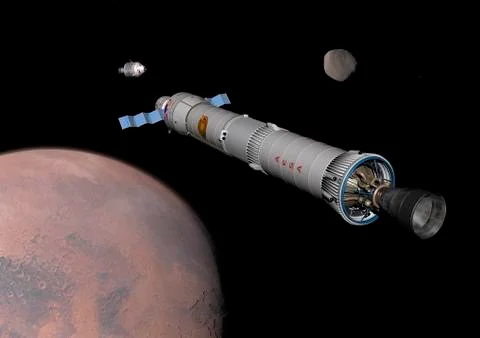 The Phobos mission rocket prepares for approach to the martian moon. Stock Illustration
