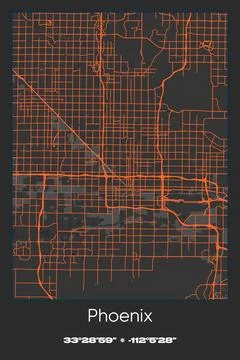 Phoenix, Arizona - vector map of city in Gray, Black, Orange colors Stock Illustration