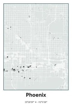 Phoenix, Arizona - vector map of city in Gray, Black, White, BW colors Stock Illustration