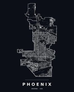 Phoenix AZ Street Map Road Network Highways Dark Mode Editable Vector Stock Illustration