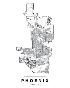 Phoenix AZ Street Map Road Network Highways Black White Editable Vector Stock Illustration