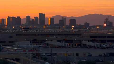 Phoenix AZ Sunset Skyline from PHX Airport Stock Footage 118885094